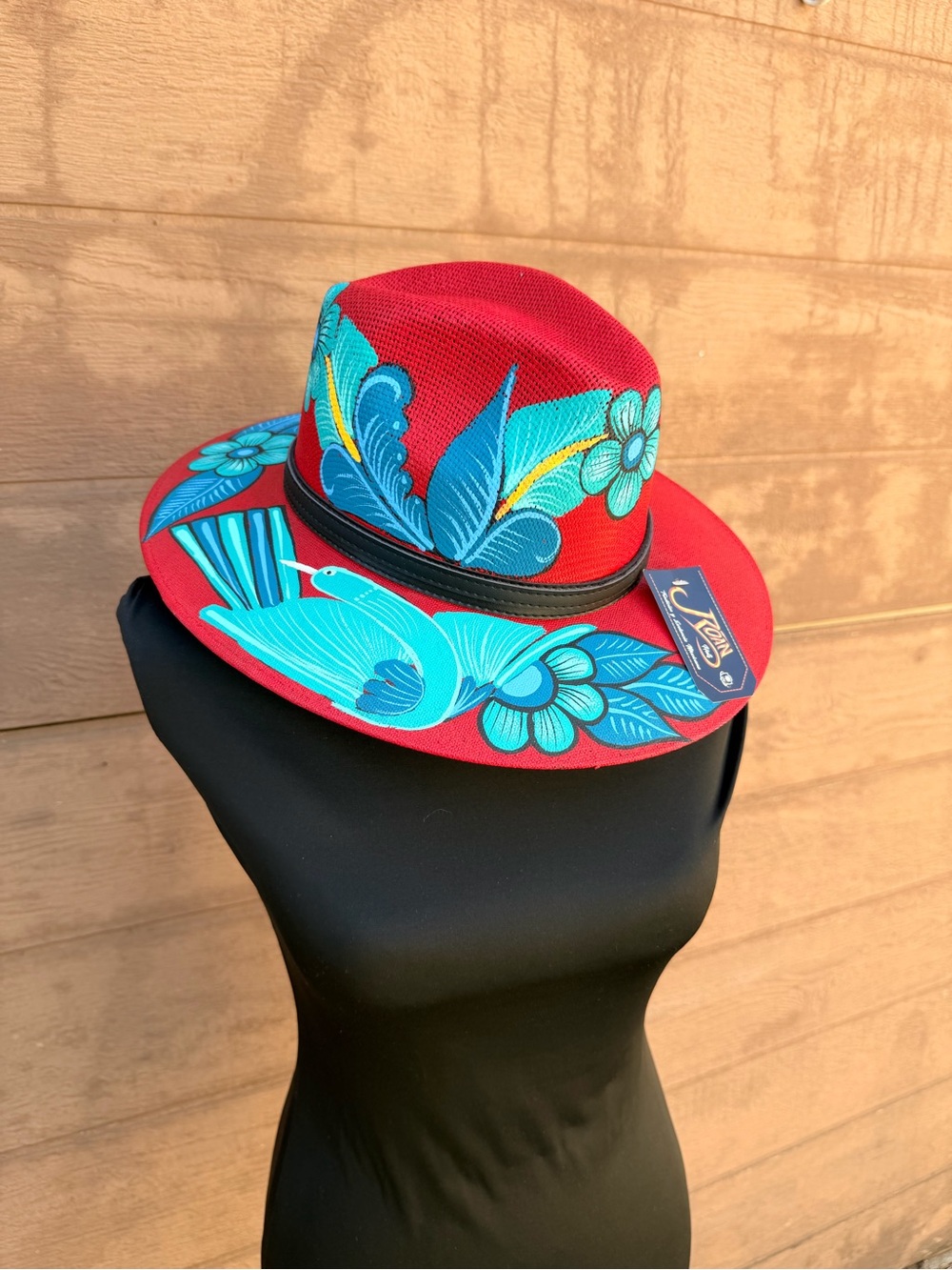 New Era Red Fedora with Turquoise Floral & Bird Accents